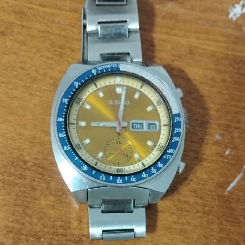 Seiko 6139 Silver Watch with Blue and Gold Accents Pogue Running
